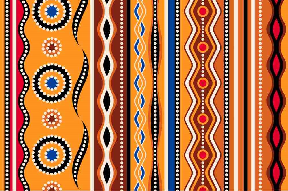 Colourful aboriginal style art with dots and lines in orange, terracotta and red