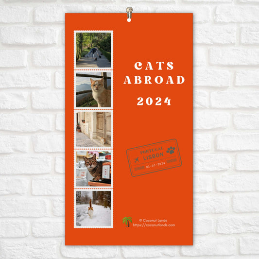 Cats Abroad calendar 2024 - front cover with thumbnails of 5 of the featured cats