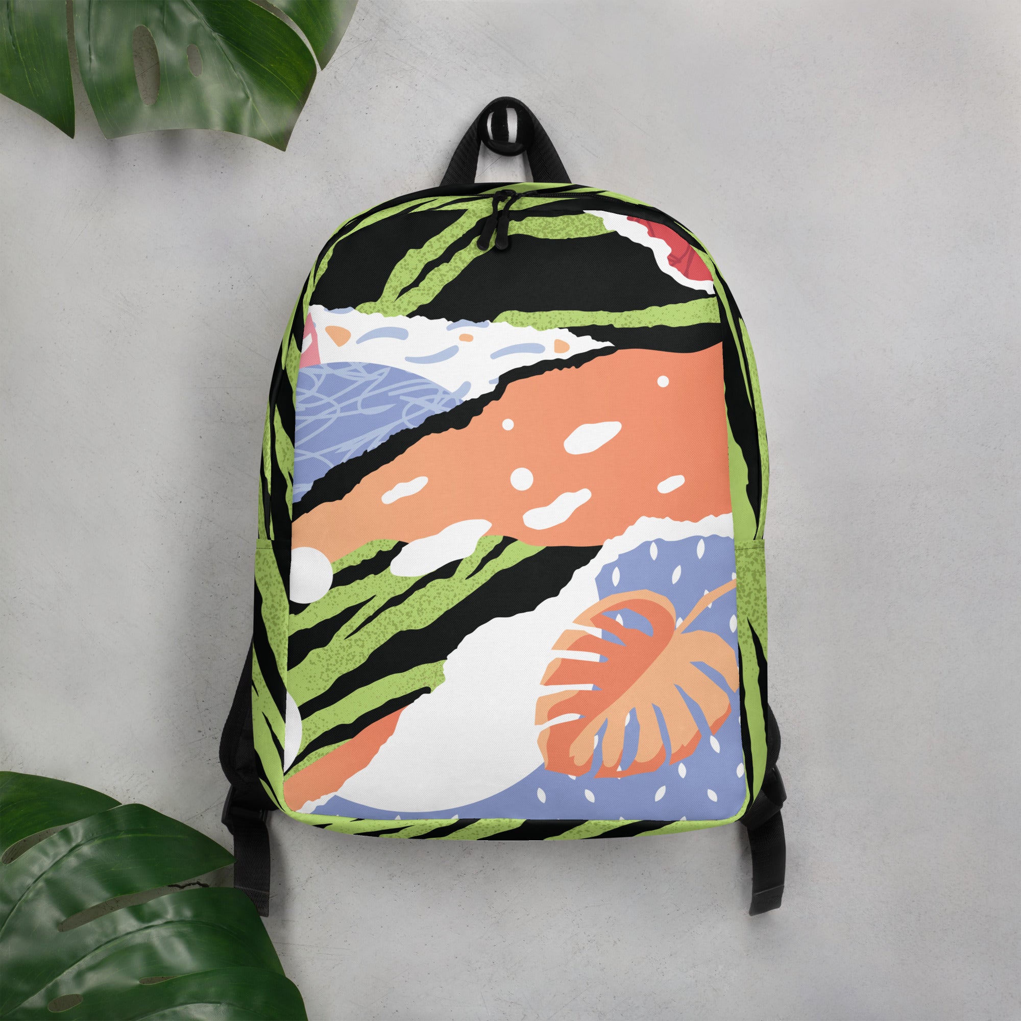 Tropical pop art minimalist backpack hanging on a wall peg