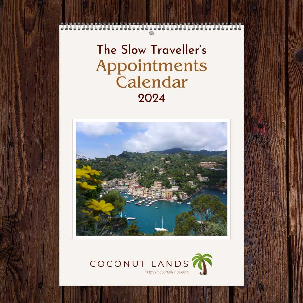 Front cover of Coconut Lands free appointments calendar, colour version, 2024 showing a picture of Portofino, Italy