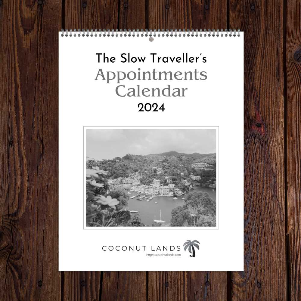 Front cover of Coconut Lands free appointments calendar 2024, greyscale version, showing a picture of Portofino, Italy