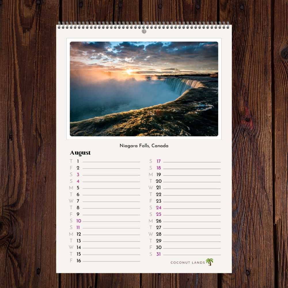 August page of the Coconut Lands appointments calendar 2024 showing a picture of the Niagara Falls, Canada