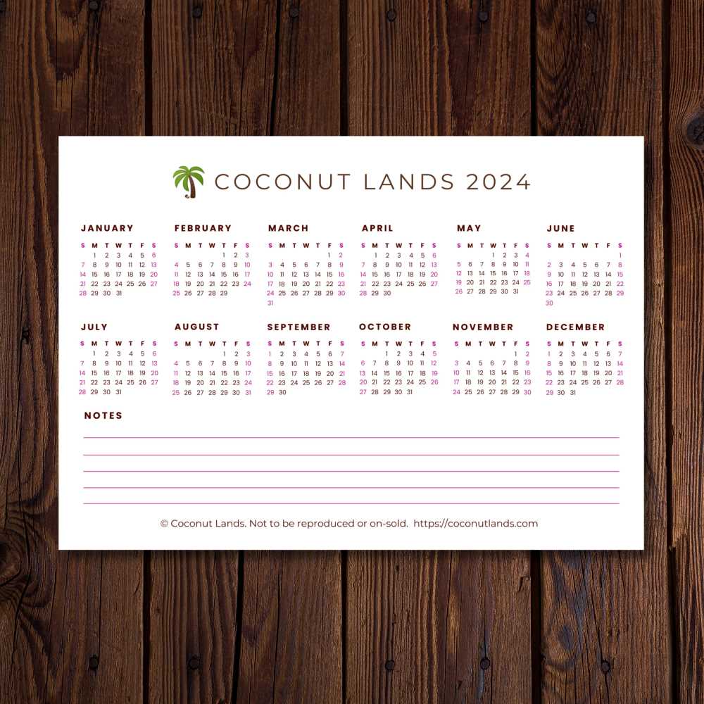 Coconut Lands wall calendar 2024, colour version, shown on a wood-panelled wall