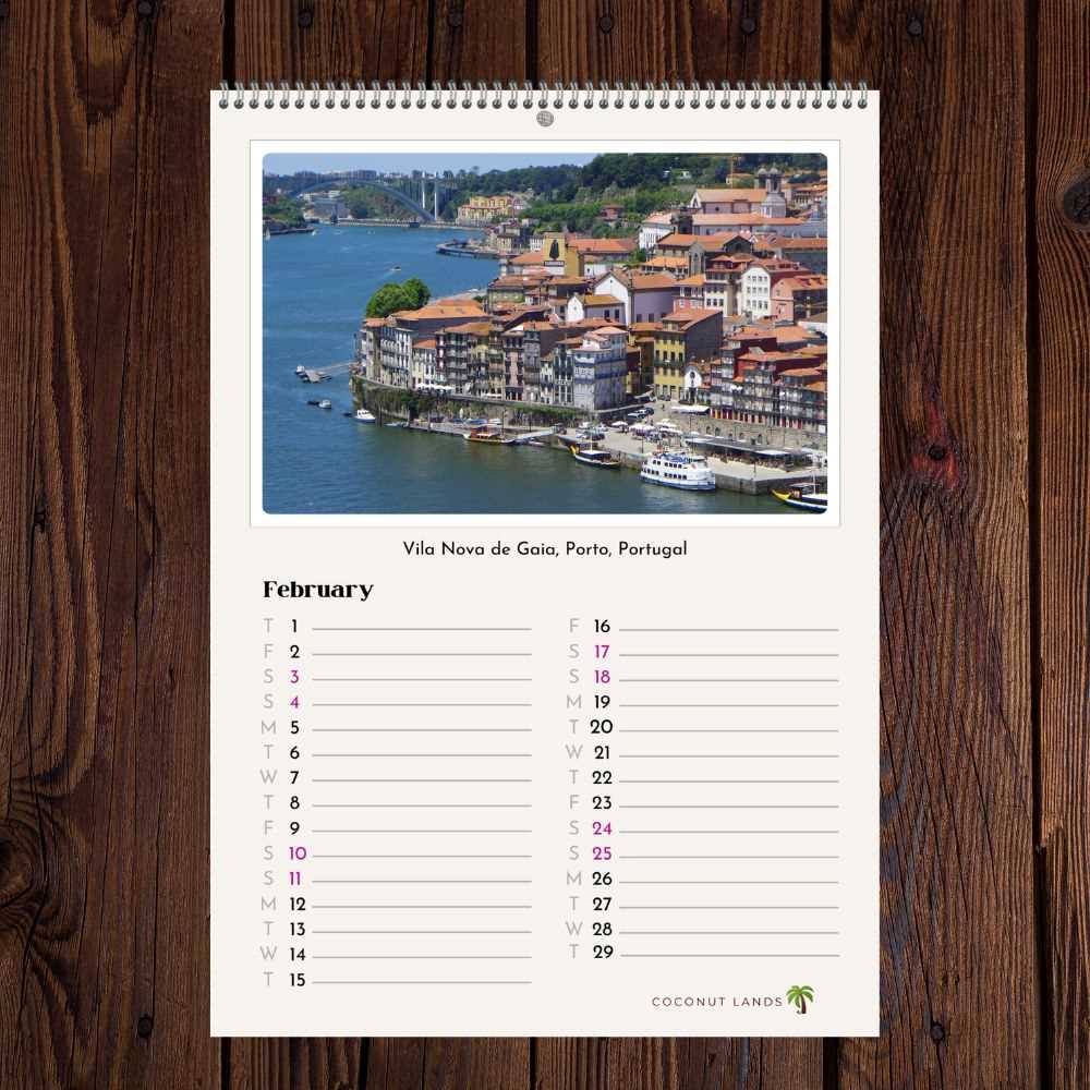 February page of the Coconut Lands appointments calendar 2024, showing a picture of Vila Nova de Gaia in Porto, Portugal