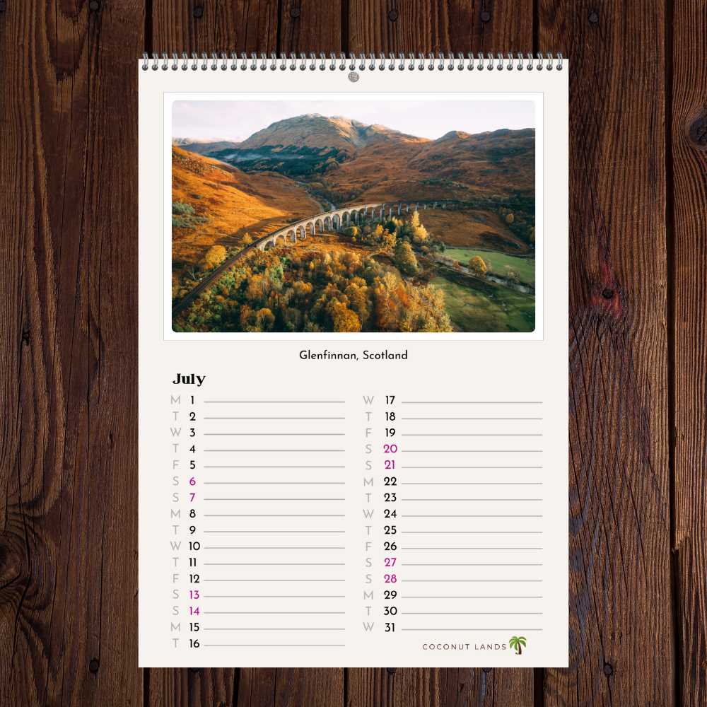 July page of the Coconut Lands free appointments calendar, showing  a picture of the Glenfinnan viaduct in Scotland