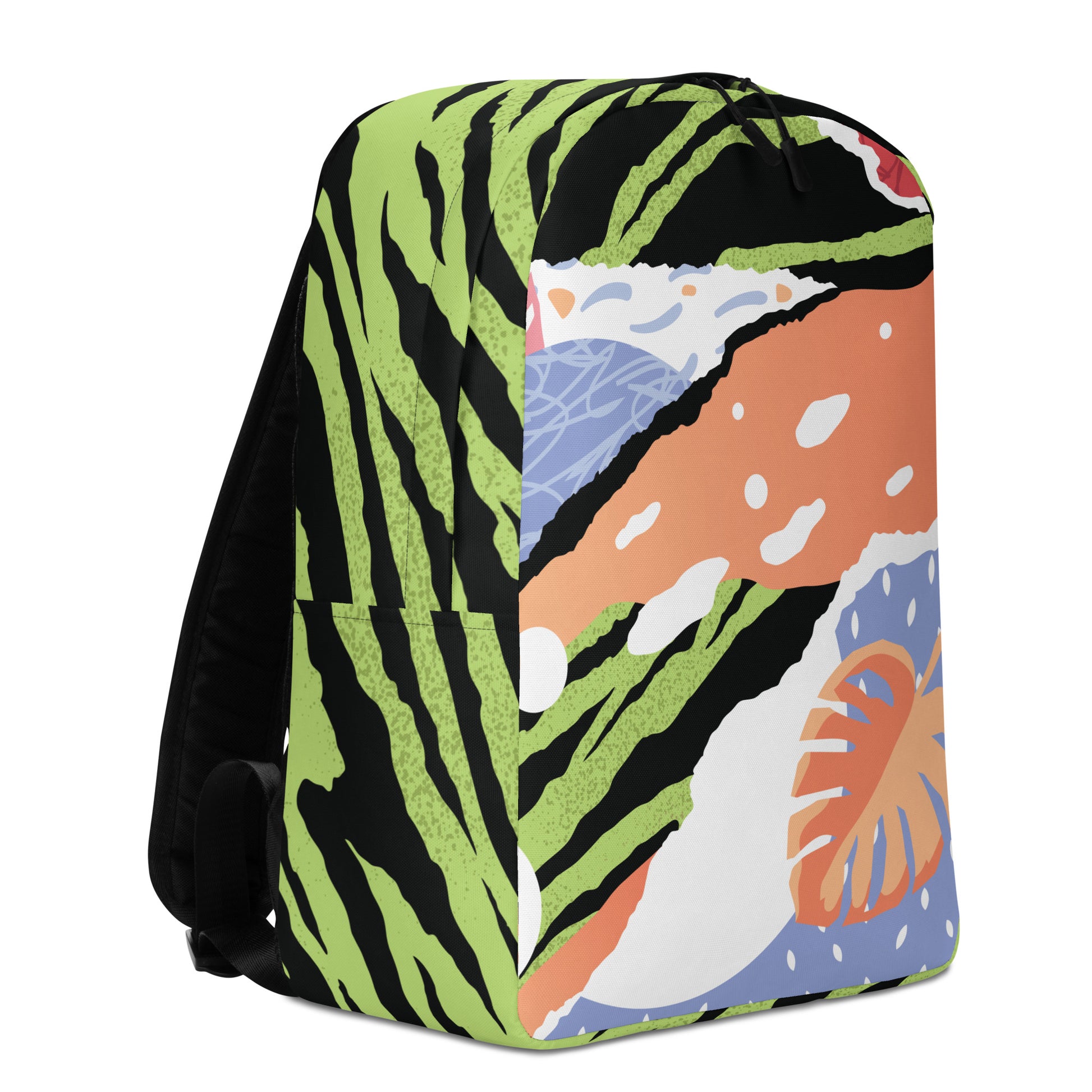 Tropical pop art minimalist backpack seen from the side