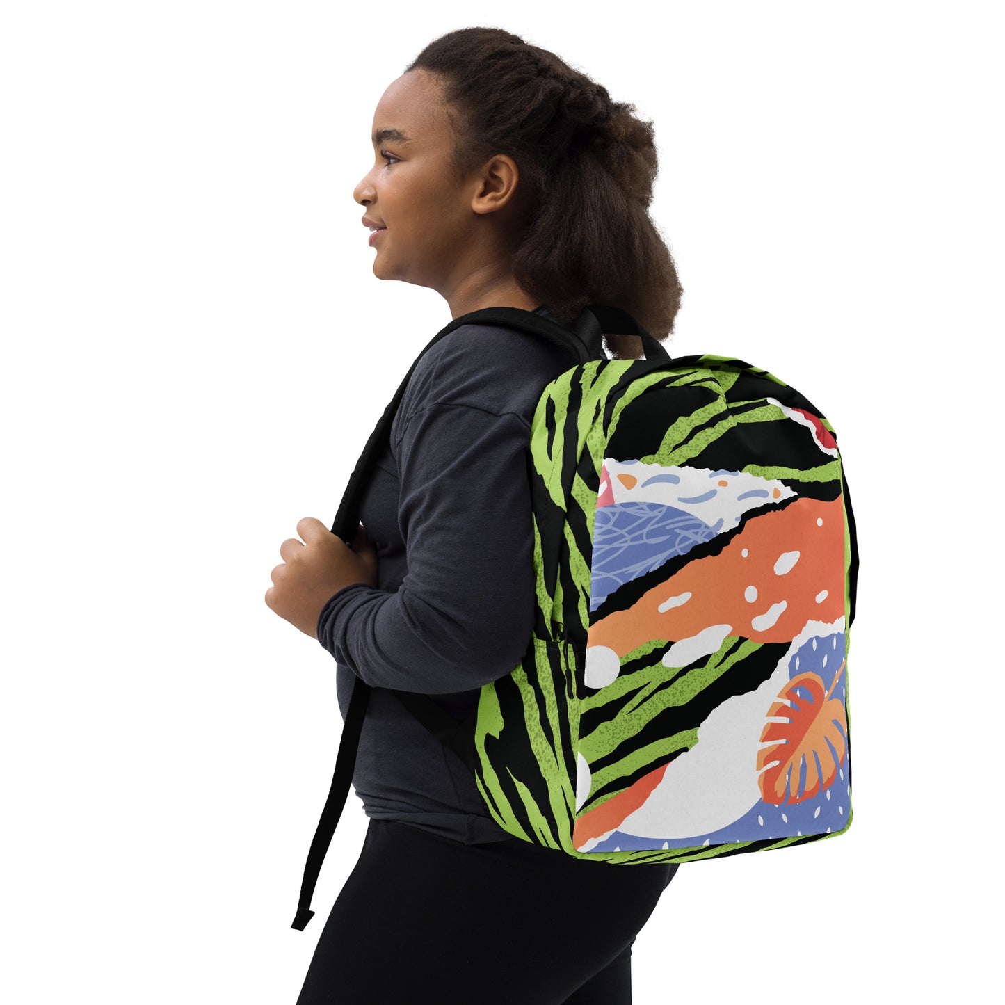 Tropical pop art minimalist backpack carried by a woman