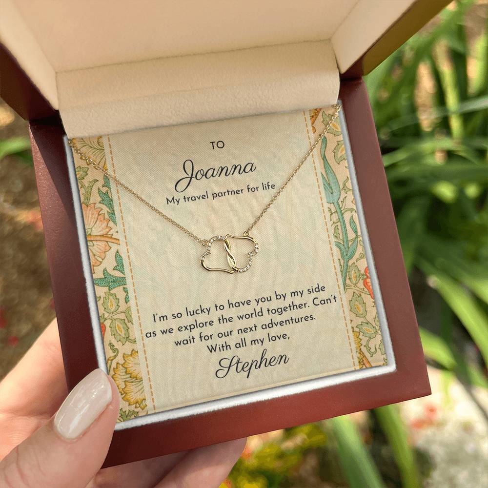 Double hearts solid gold necklace shown with message card featuring William Morris 'Pink and rose' design