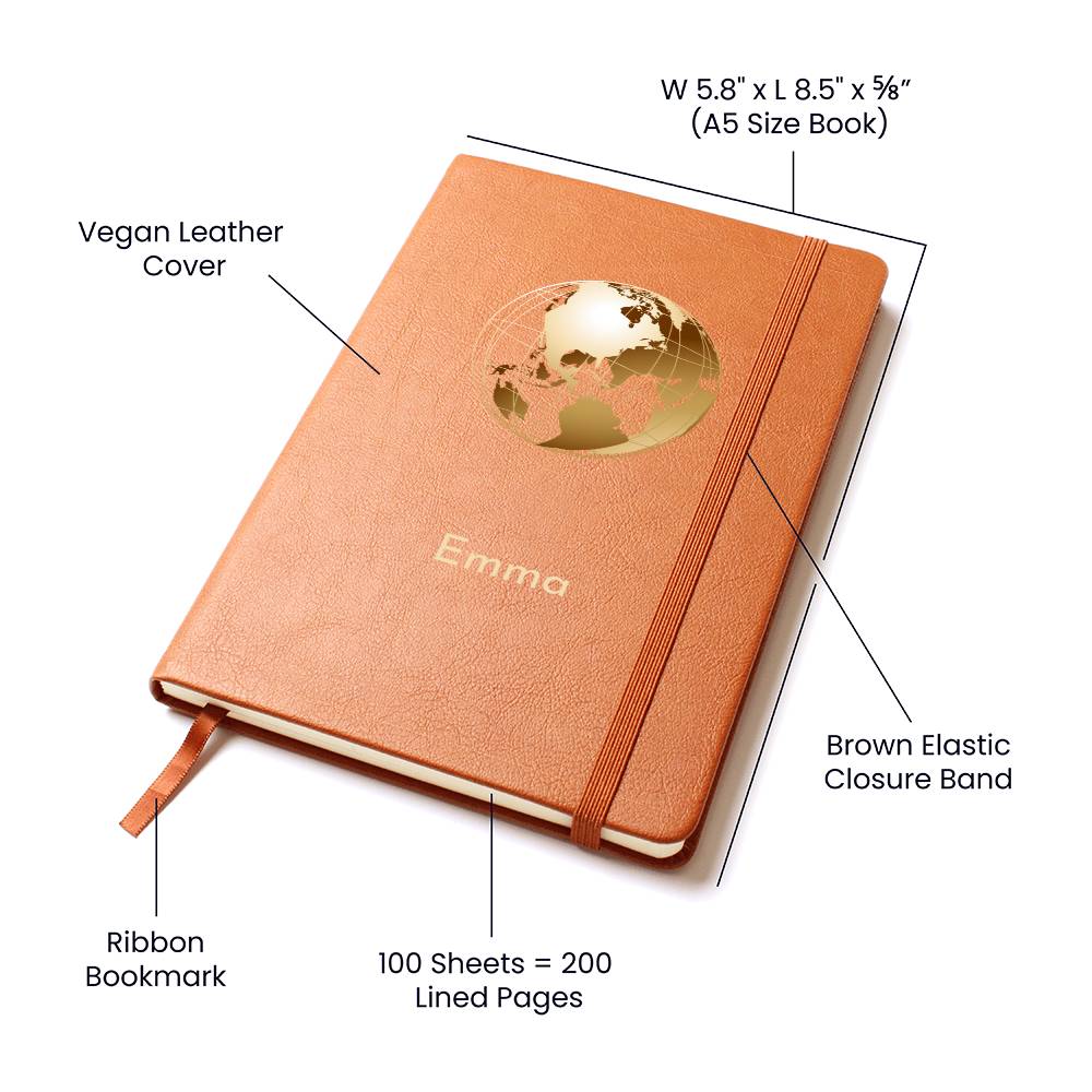 Picture showing specifications of vegan leather travel journal - A5 size, vegan leather cover, ribbon bookmark, 200 line pages and brown elastic closure band.