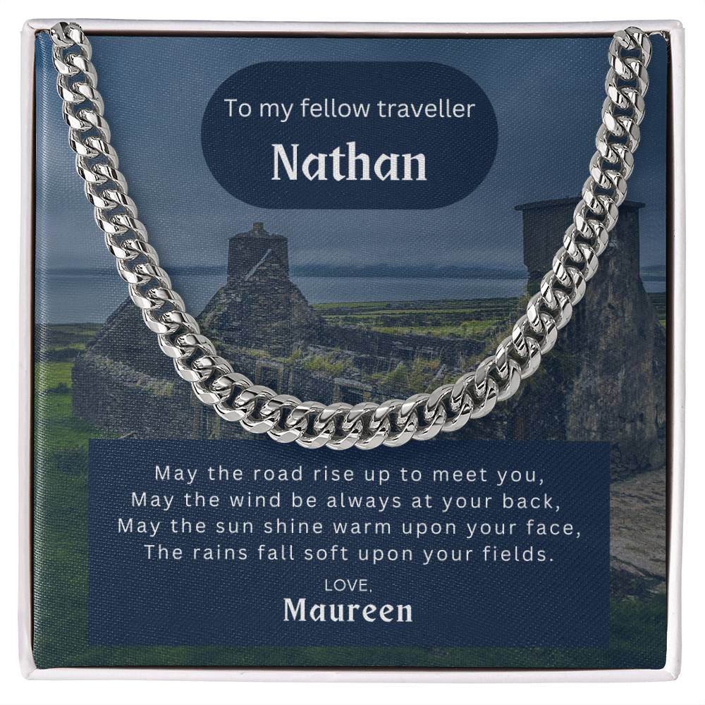 Men's stainless steel Cuban link neck chain shown in standard gift box with  Celtic style message card and greeting
