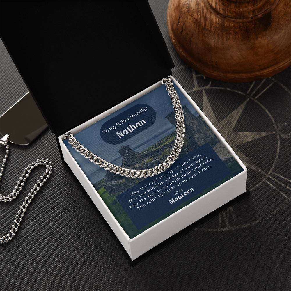 Men's stainless steel Cuban link neck chain shown in standard gift box with  Celtic style message card and greeting