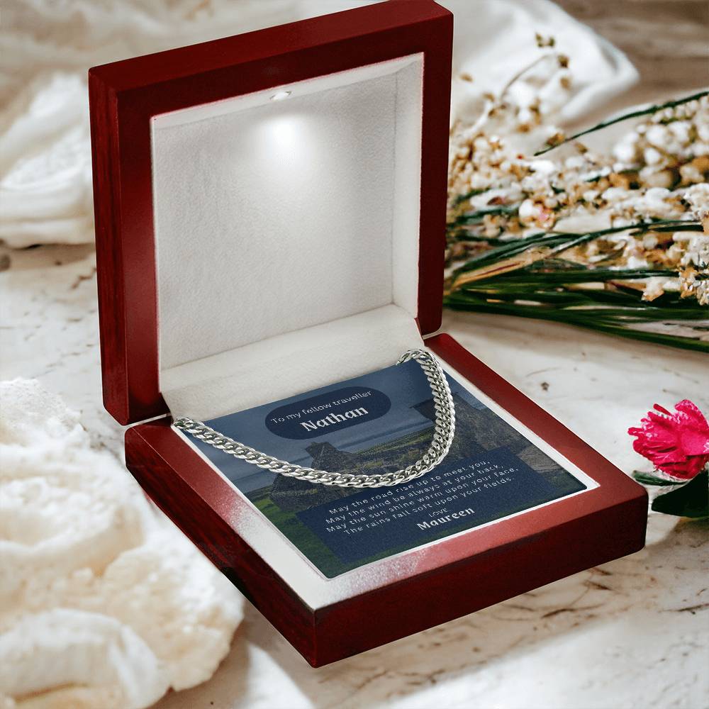 Men's stainless steel Cuban link neck chain shown in luxury mahogany-style gift box with  Celtic style message card and greeting