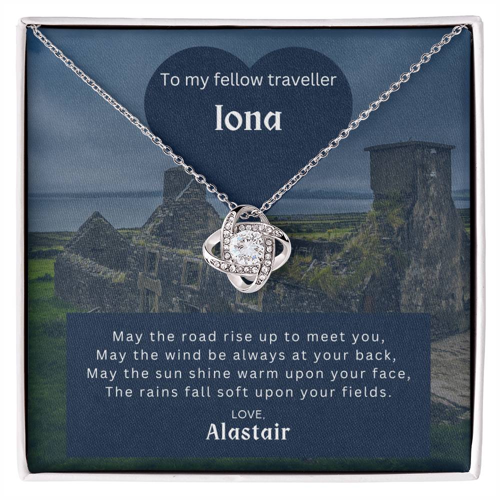 White gold-dipped friendship necklace with personalised Celtic style message card, shown in standard gift box