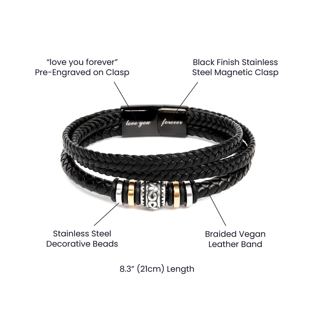 Specification diagram for men's vegan leather bracelet showing clasp, stainless steel decorative beads and braided leather band