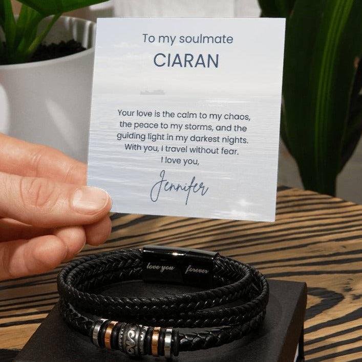 Man's black vegan leather bracelet with heartfelt message card, shown with standard gift box