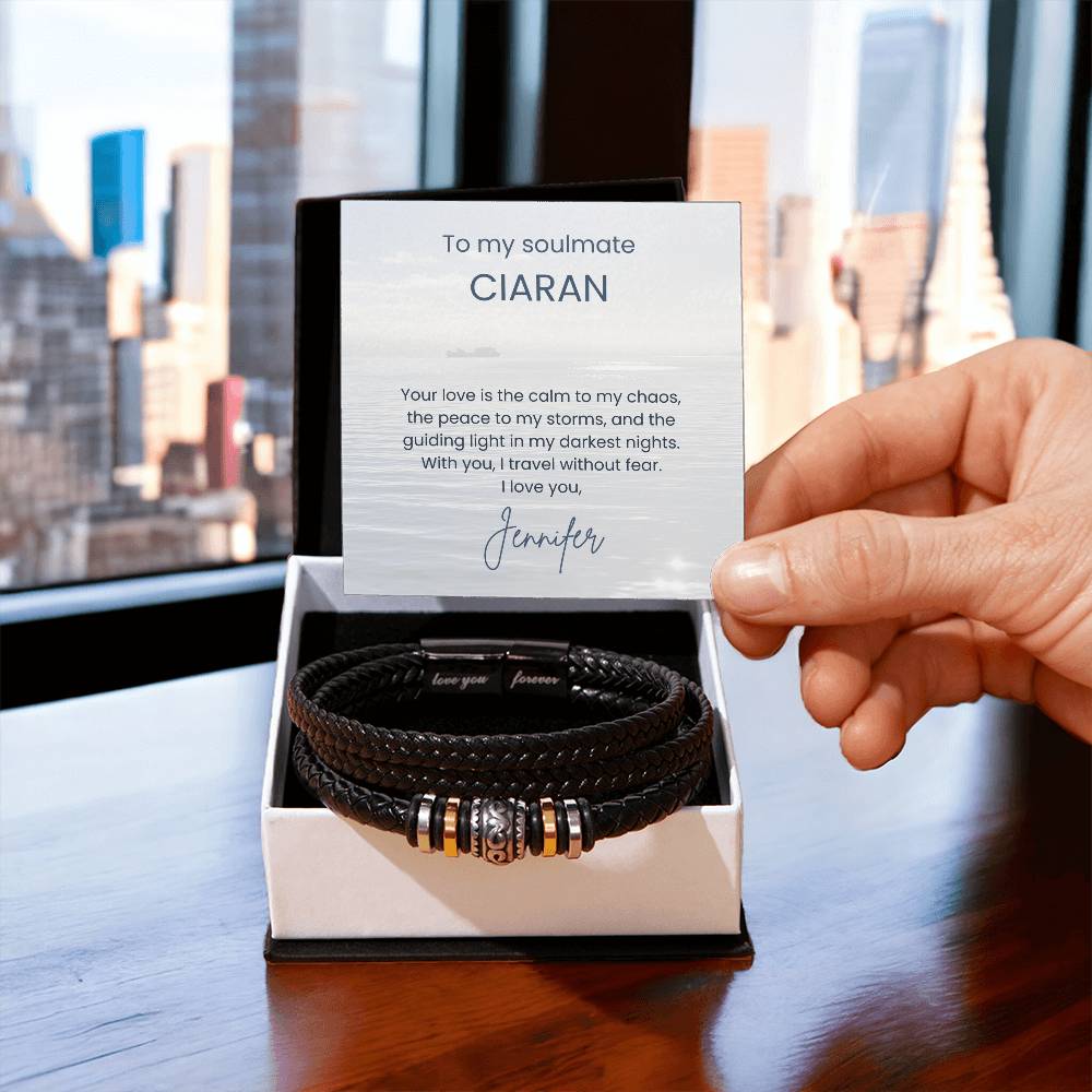 Photo of men's vegan leather bracelet in standard gift box
