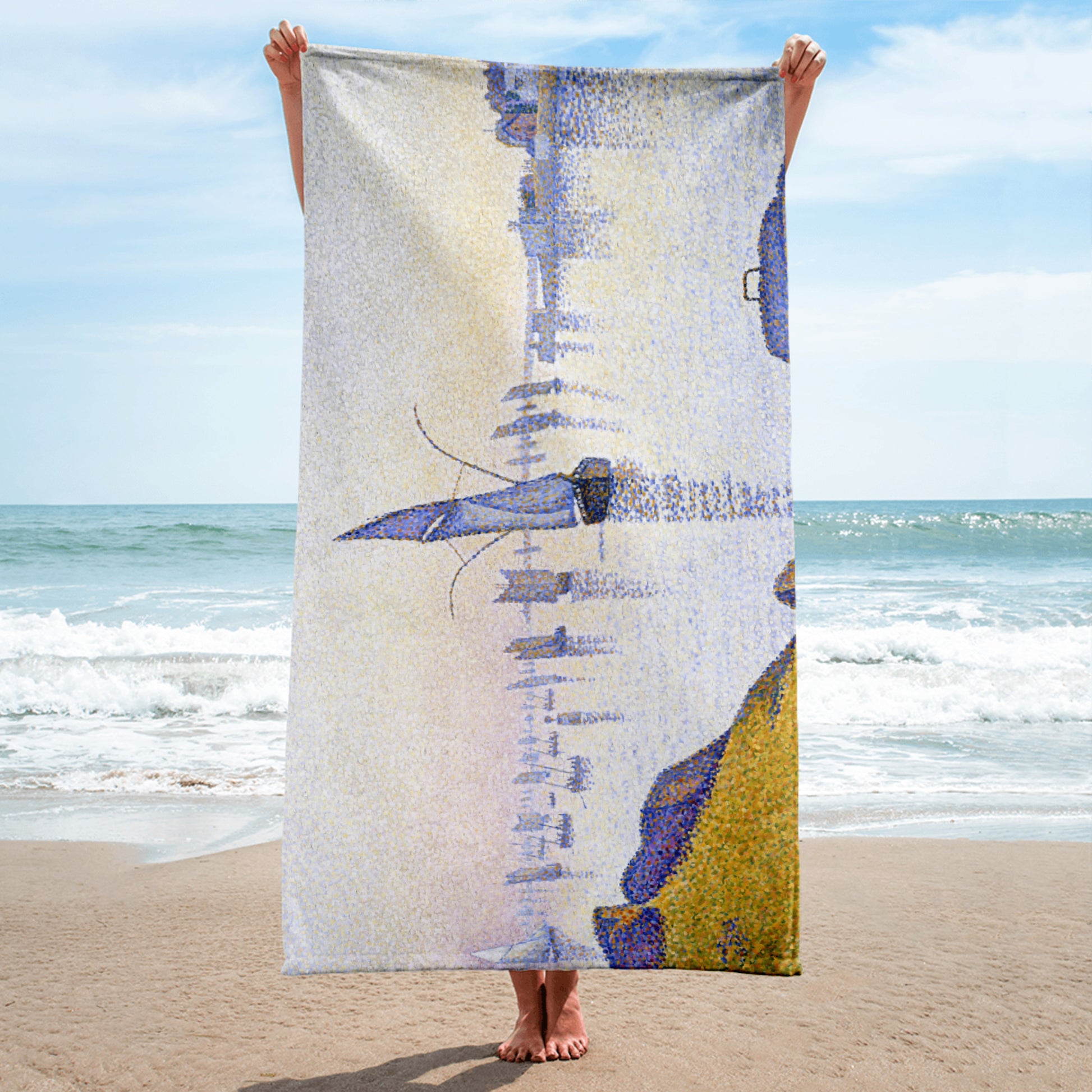 Woman on beach holding up a beach towel featuring painting 'Evening calm, Concarneau' by Paul Signac